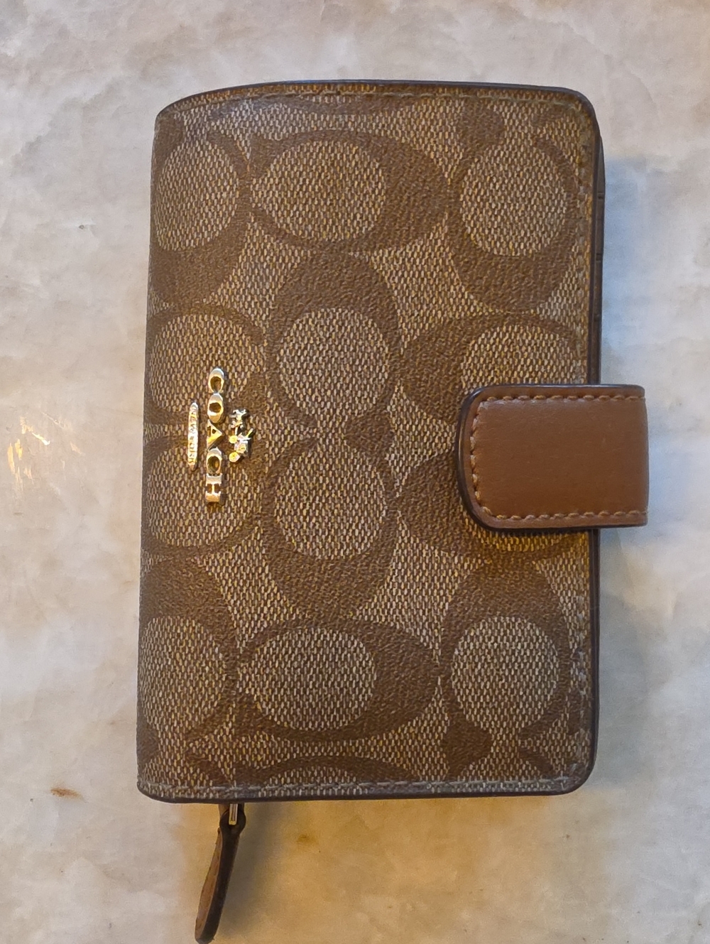 Coach Brown Signature Canvas Wallet Phone Case with Snap Closure